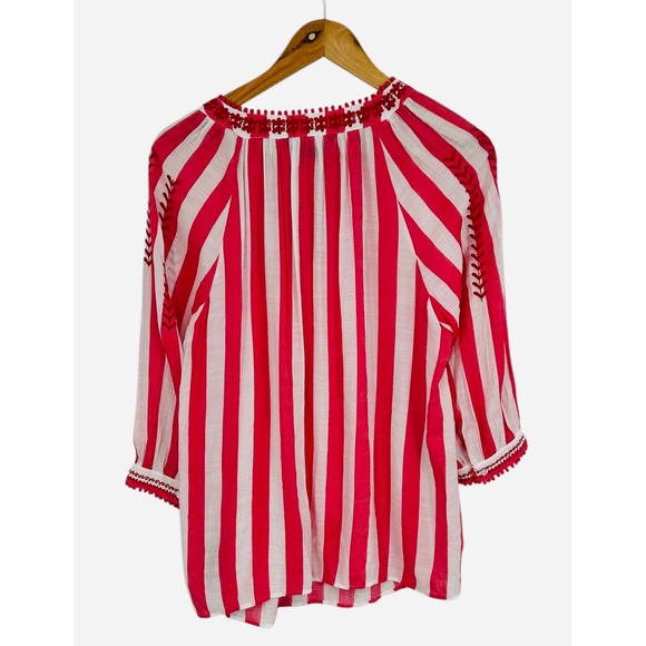 Sharagano Red White Stripe Embroidered Tassel Tunic Top Women's Size L - Picture 2 of 8